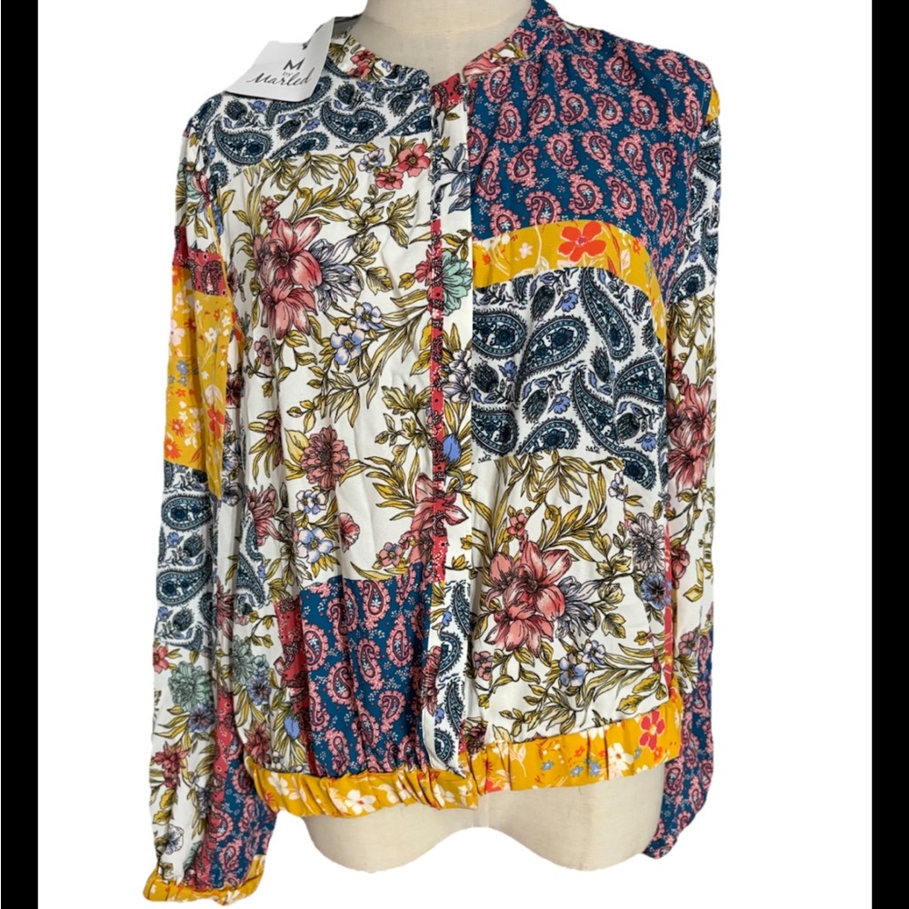 M By marled Women’s Large Patchwork Colorful Crop Long Sleeve Blouse Button Up,